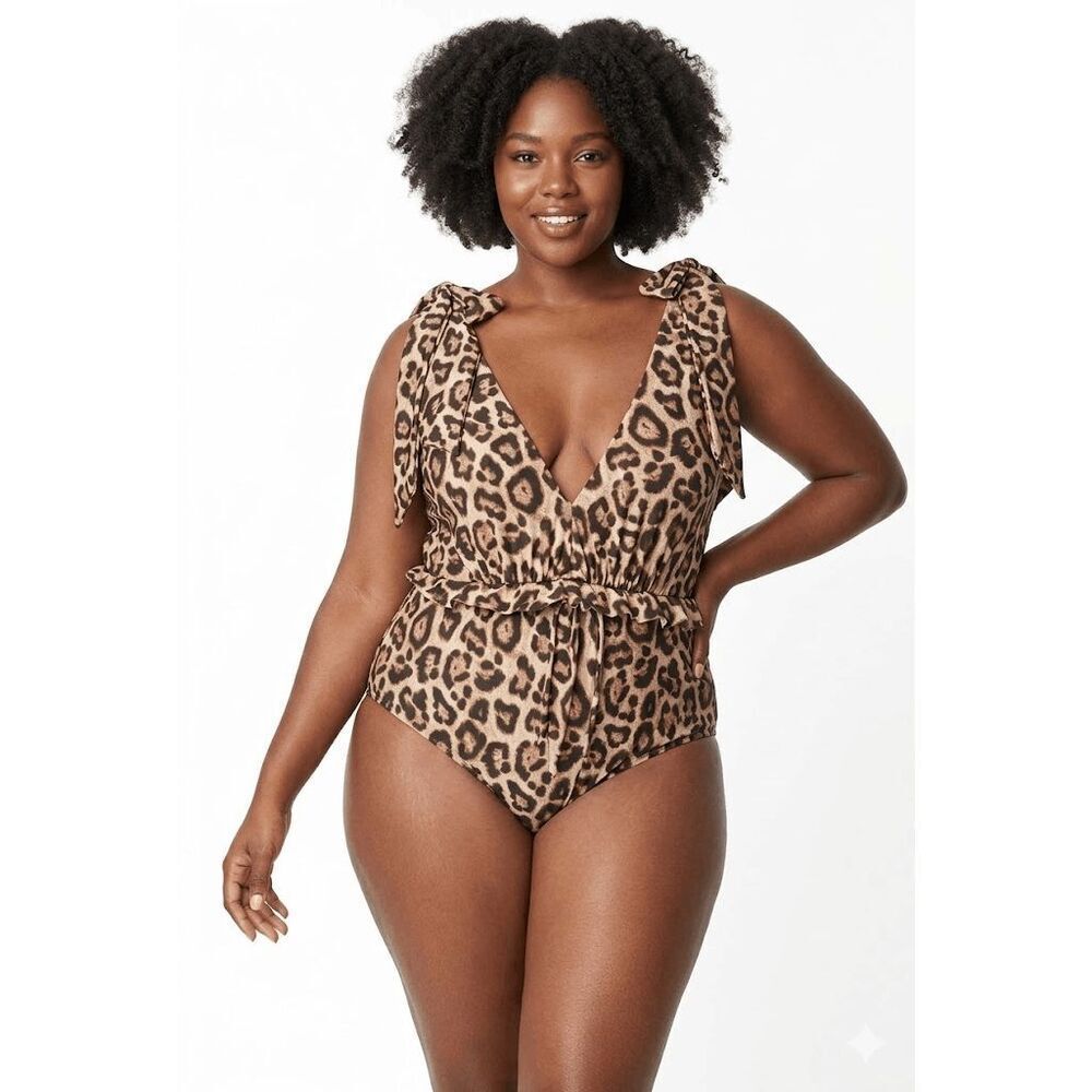 Unique Vintage Women's Leopard Print Plunge One-Piece Swimsuit 2X